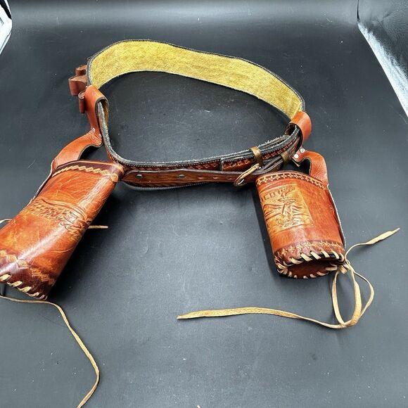 VTG Cowboy Mexican Tooled Leather Drink Belt & Shot Holster Waist 36 Bartender - Picture 1 of 7